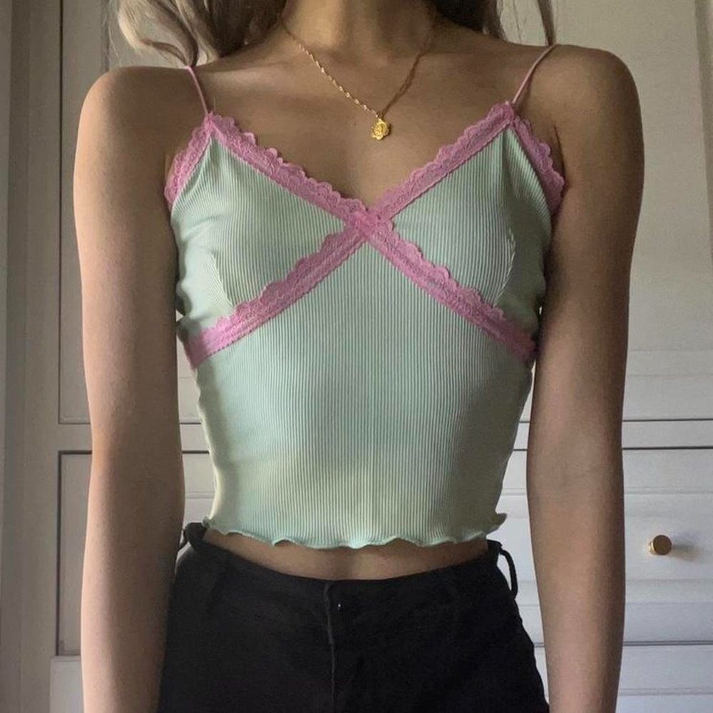 Pink & Green Pastel Lace Trim Crop Tank Top